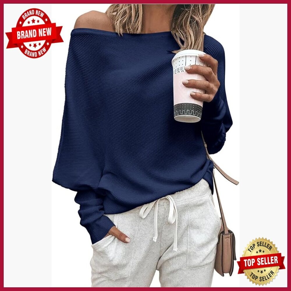 Loose Fit Batwing Sleeve Off Shoulder Pullover Sweater Stretchy Ribbed Knit